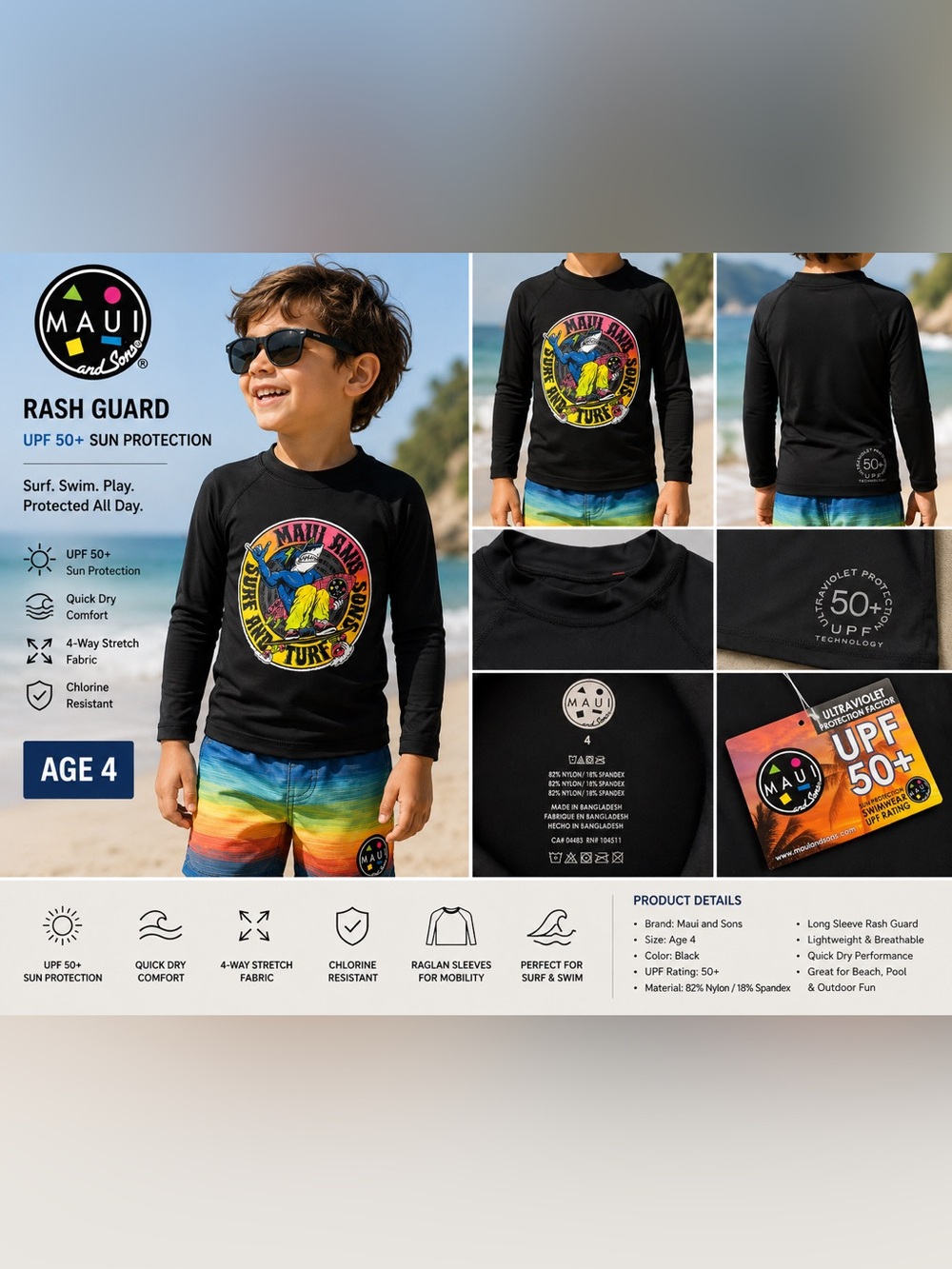 Maui and Sons Kids Size 4 UPF 50+ Rash Guard Swim Shirt Black Long Sleeve NWT